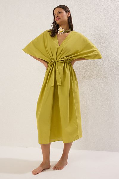 Trendyol Collection Λαδί Πράσινο Maxi Υφαντό 100% Βαμβακερό Φόρεμα Παραλίας TBESS25EL00041