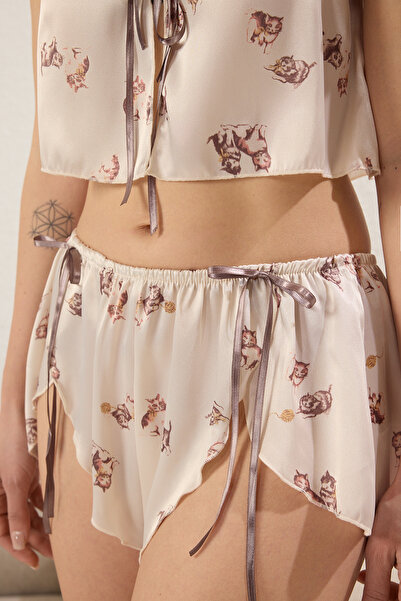 Trendyol Collection Multicolored Cat Ribbon/Satin Shorts Pajamas Set Thmss25Pt00318
