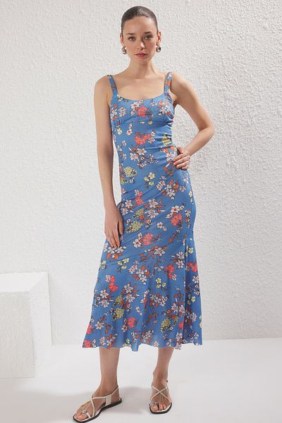 Trendyol Collection Rochie creion maxi tricotată elastică, cu bretele indigo, așezată pe corp TWOSS24EL00682