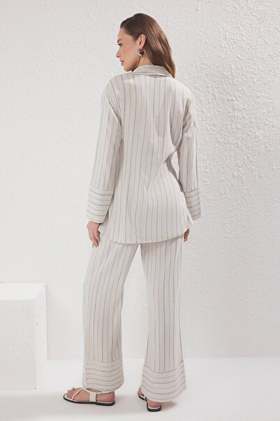 Trendyol Modest Μπεζ ριγέ λινό πουκάμισο και παντελόνι TCTSS25US00026
