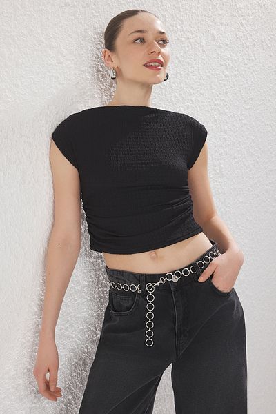 Trendyol Collection Black Textured Boat Neck Gathered Tank Top Twoss25Bz00485