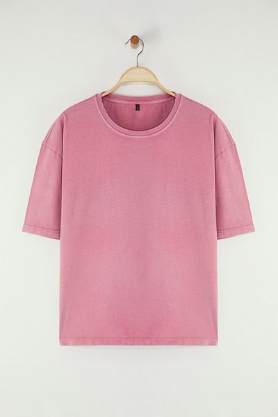 Trendyol Collection Μπλουζάκι Oversize Dusty Rose Cotton Basic - Χαμηλό ώμο, τετράγωνο κόψιμο TMNAW25TS00008