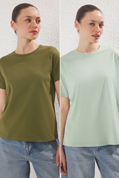 Trendyol Collection Khaki-Mint 2-Pack - Crew Neck 100% Cotton Regular Fit T-Shirt Twoss25Ts00182
