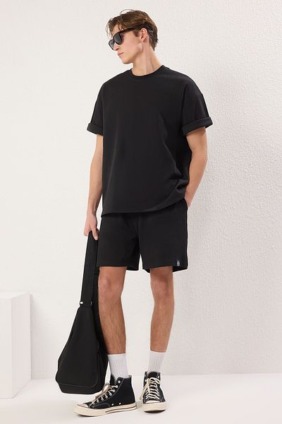 Trendyol Collection Μαύρο Oversize Χοντρό 100% Βαμβακερό Σετ Σορτς Φούτερ