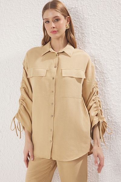 Trendyol Modest Camel Linen Look Gathered Woven Bottom-Top Set Tctss25Us00032