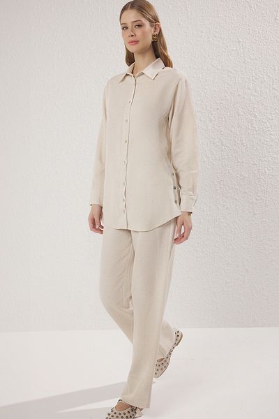 Trendyol Modest Beige Linen Look Mother of Pearl Button Woven Bottom-Top Set Tctss25Us00029