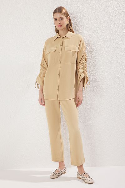 Trendyol Modest Camel Linen Look Gathered Woven Bottom-Top Set Tctss25Us00032