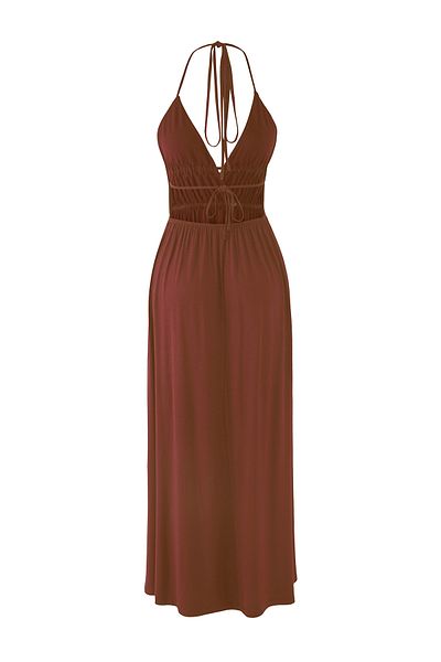 Trendyol Collection Καφέ Maxi Woven Cut Out/Window Beach Φόρεμα TBESS25EL00077