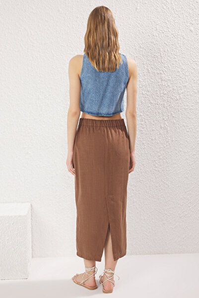 Trendyol Collection Brown Linen Look Slit Skirt Twoss25Et00171