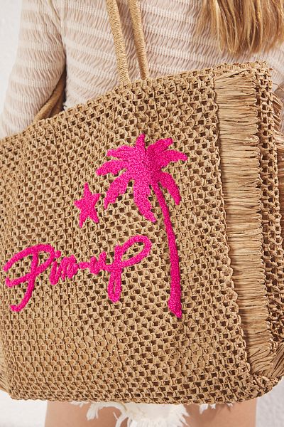 TRENDYOL SHOES Καμήλα Κεντημένη Φούντα Λεπτομερής Ψάθινη Γυναικεία Maxi Tote Τσάντα ώμου TAKSS25OC00049