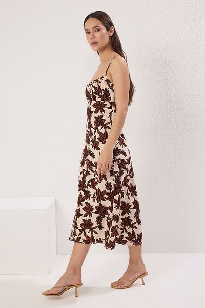 Trendyol Collection Кафява флорална A-силует Midi тъкана рокля TWOSS25EL00561