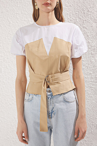 Trendyol Collection Beige Short Balloon Sleeve Belt Woven Woven Blouse Twoss25Bz00502