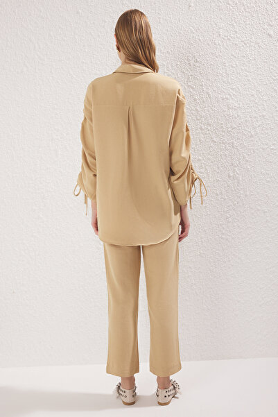 Trendyol Modest Camel Linen Look Gathered Woven Bottom-Top Set Tctss25Us00032