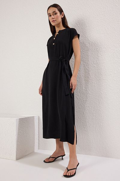 Trendyol Collection Μαύρο Κομμένο Φόρεμα Μίντι Υφαντό TWOSS25EL00630