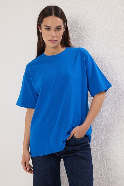 Trendyol Collection Saks White 2-Piece 100% Cotton Oversize Fit Crew Neck Knitted T-Shirt