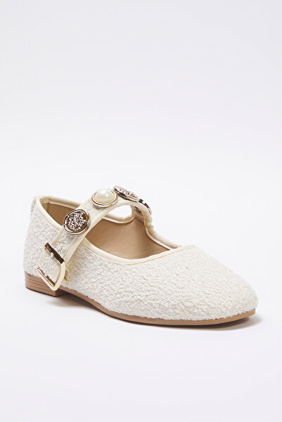 TRENDYOL SHOES Beige Buckle Accessory Detailed Round Toe Tweed Mary Jane Women's Flat Shoes Takss25Be00011