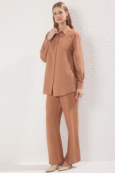 Trendyol Modest Light Brown Linen Look Mother of Pearl Button Woven Bottom-Top Set Tctss25Us00029