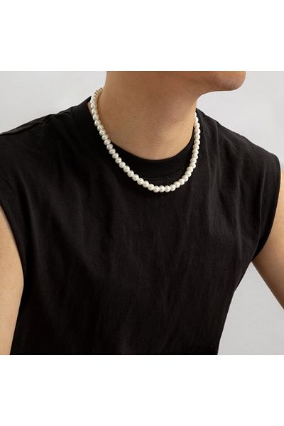 Choice White Simple Imitation-pearl Beaded Short Choker Necklace For Men Trendy White Beaded Chains On Neck
