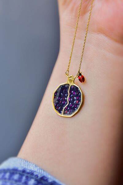 Papatya Silver 925 Ayar Gümüş Gold Kaplama Uğur Böcekli , Mineli Bolluk Ve Bereket Tılsımı Nar Taneli Kolye