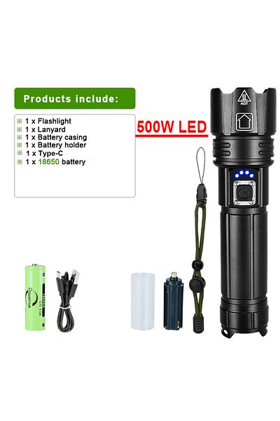 HEDELI كشاف LED قوي للغاية بقوة 500 واط، مصباح يدوي قابل لإعادة الشحن، إضاءة 1500 متر، فانوس تكتيكي فائق القوة