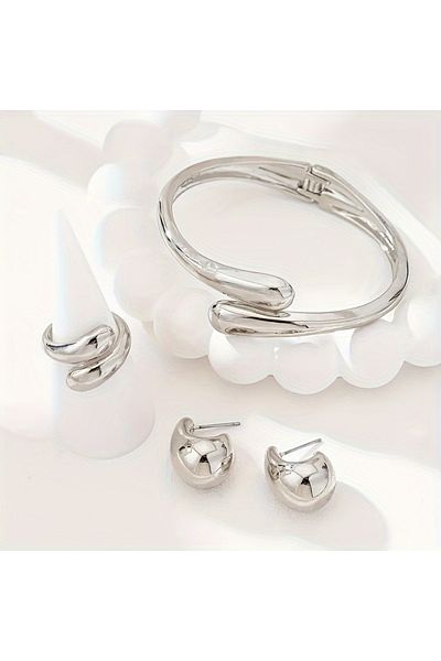 Choice Silvery Punk Simple Water Drop Shaped Open Spring Bracelet Women's Fashion Smooth Water Drop Ring Ea