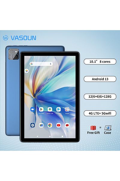 Choice us Blue with case VASOUN Android 14 Tablet 10.1", 12GB(6+6 Expand) RAM, 128GB ROM, Octa Core, Dual S