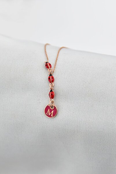 Papatya Silver 925 Ayar Gümüş Rose Kaplama Uğur Böcekli Mineli M Harf Kolye