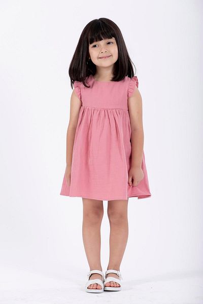 zepkids Rochie de fetiță de culoare roz, cu mânecă cu volan, umeri cu volan