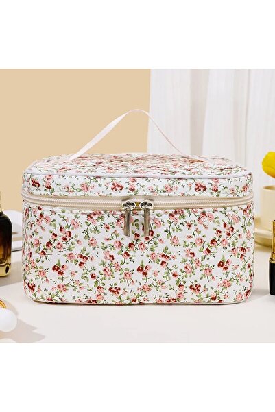 Choice حقيبة مستحضرات تجميل قطنية بنمط زهور، حقيبة مستحضرات تجميل بسعة مزدوجة...