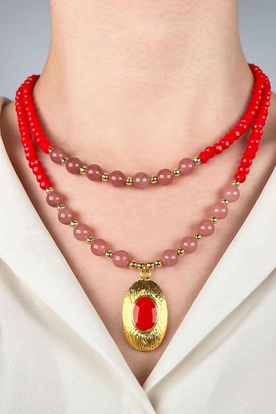 Sose Moda Double Row Bead Necklace with Gold Plated Tip - Red