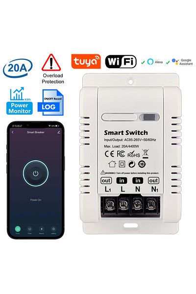 CLOUDRAKER Tuya 20a Smart Switch Circuit Breaker App Control Power Monitor Overload Protection Works With Al...