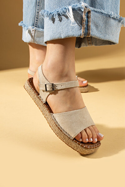 Pembe Potin Women's Beige Suede Espardil Banded Comfortable Sole Stylish Daily Sandals