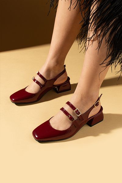 Pembe Potin Women's Mary Jane Claret Red Patent Leather Square Toe Double Helmet Heeled Shoes