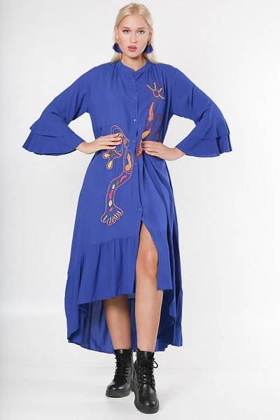 Chiccy Purple High Collar Frilled Cufflinks Embroidered Oversize Woven Dress with Frilled Sleeves and Hem