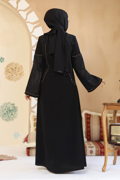 Neva Style Black Hijab Abaya with Faux Leather Detail 41570S