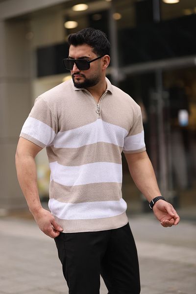Trendseninle Μπλουζάκι πλεκτό μπλουζάκι με μισό φερμουάρ με ριγέ γιακά