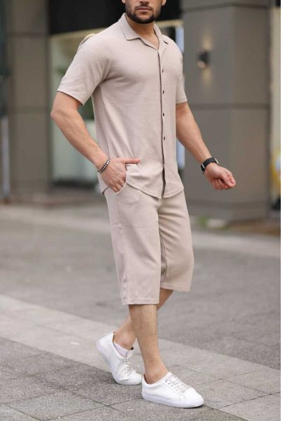 Trendseninle Men's Beige Waffle Fabric Capri Shorts Shirt Set