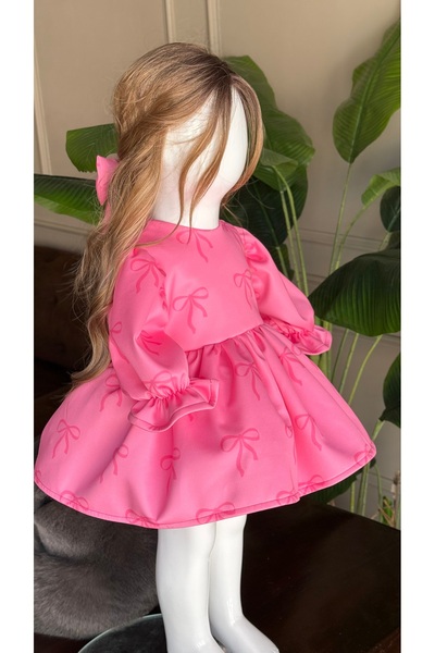 Anne Kız Tasarım Pembe fiyonklu elbise