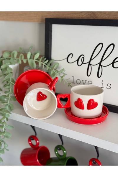 Ara Porselen İki Kişilik El Yapımı Romantik Seri Tabaklı Mug/Kupa Seti