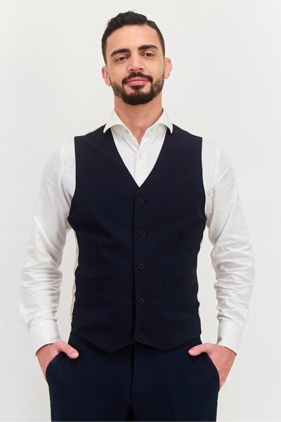 ASOS Design Men V-Neck Sleeveless Plain Vest, Navy Blue