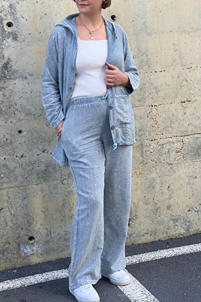 Mia Butik بدلة نسائية من الكتان باللون الرمادي