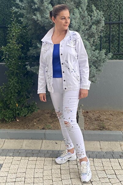 Mia Butik Plus Size Star Jean Suit White
