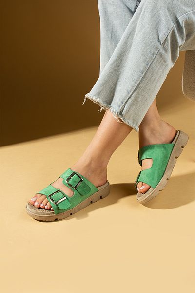 Pembe Potin Green Suede Women's Orthopedic Sole Slippers Double Banded Buckle Daily Comfortable Slippers