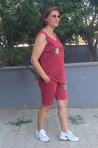 Mia Butik Plus Size Burgundy Silver Shorts Set