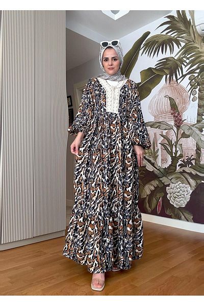 Aselim Hijap Moda Φόρεμα μπεζ-καφέ βαμβακερό λινό με φούντες