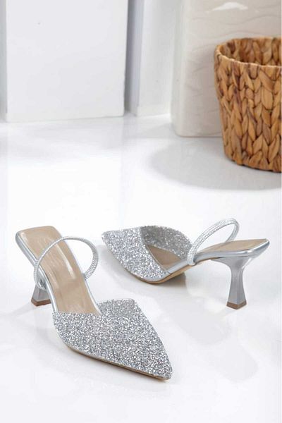 werfen Women's Crystal Stone Detailed Transparent Heeled Evening Dress Shoes