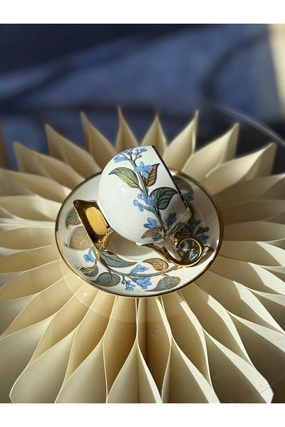 ACAR Set of 6 Blue Flower Gilt Chubby Porcelain Turkish Coffee Cup