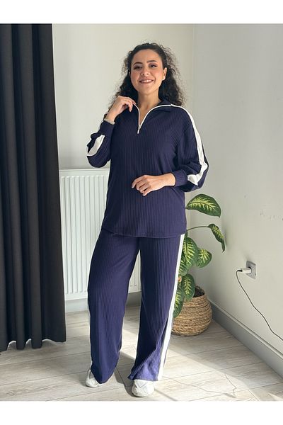 MODA بدلة نسائية مقاس كبير بياقة سحاب وشريط أبيض من القطن المرن