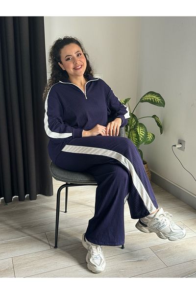 MODA بدلة نسائية مقاس كبير بياقة سحاب وشريط أبيض من القطن المرن
