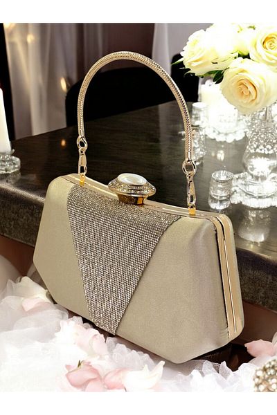 Biçanta Nude Color Satin Gold Stone Βραδινό Τσάντα Βραδινή Τσάντα Αρραβώνα Τσάντα Γάμου